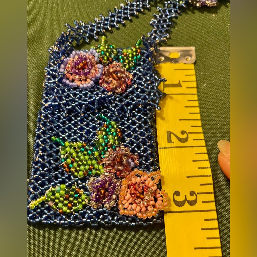 Vintage Blue Beaded Floral Amulet Medicine Totem Pouch Necklace. 38 inches - Picture 6 of 9